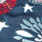 Festive flowering fireworks printed table linen, 14"x42" cutwork runner, blue, easy-care fabric.